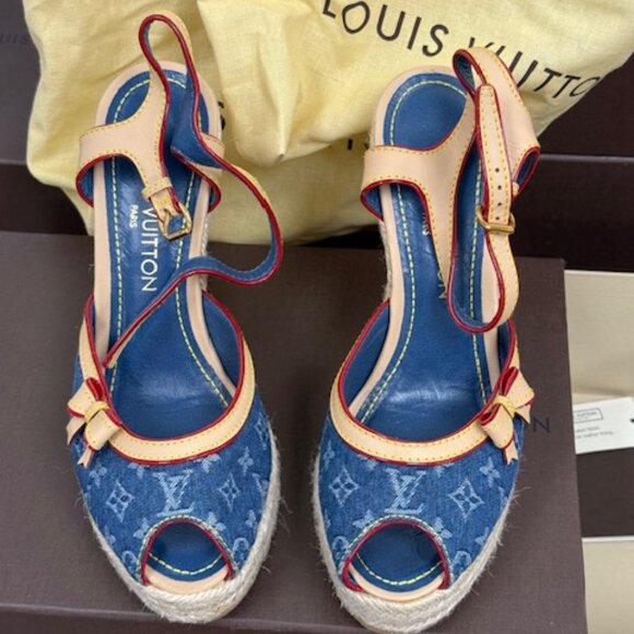 Louis Vuitton Monogram Denim Bow Espadrille Wedges - Picture 2 of 6